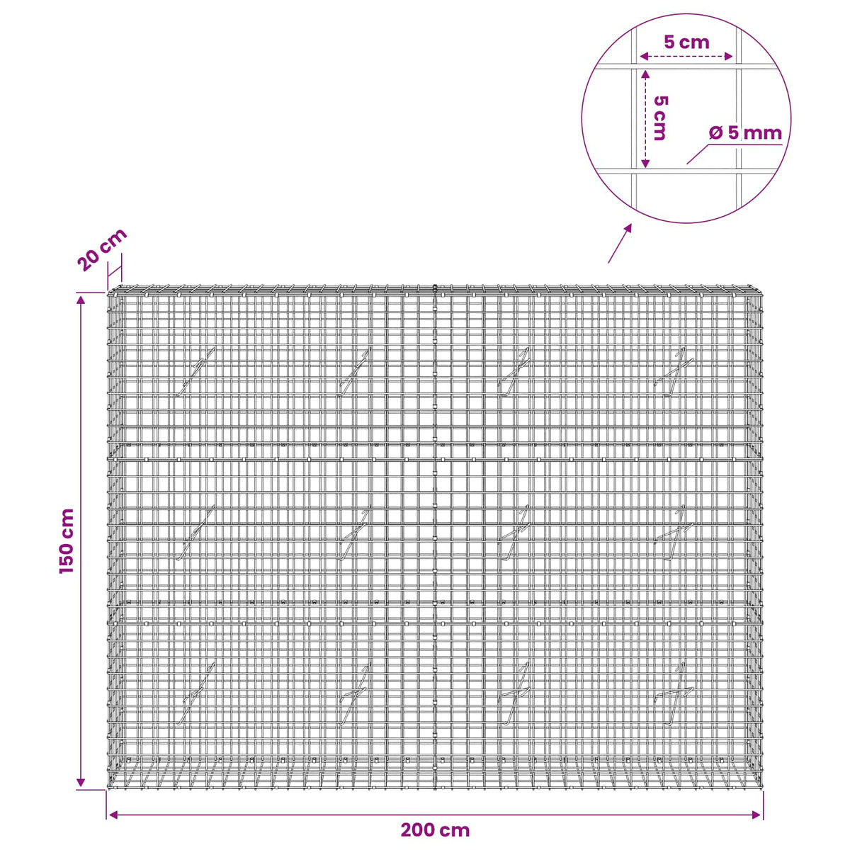 vidaXL Gabion with 5 mm Wire and 5x5 cm Mesh 200x20x150 cm 6