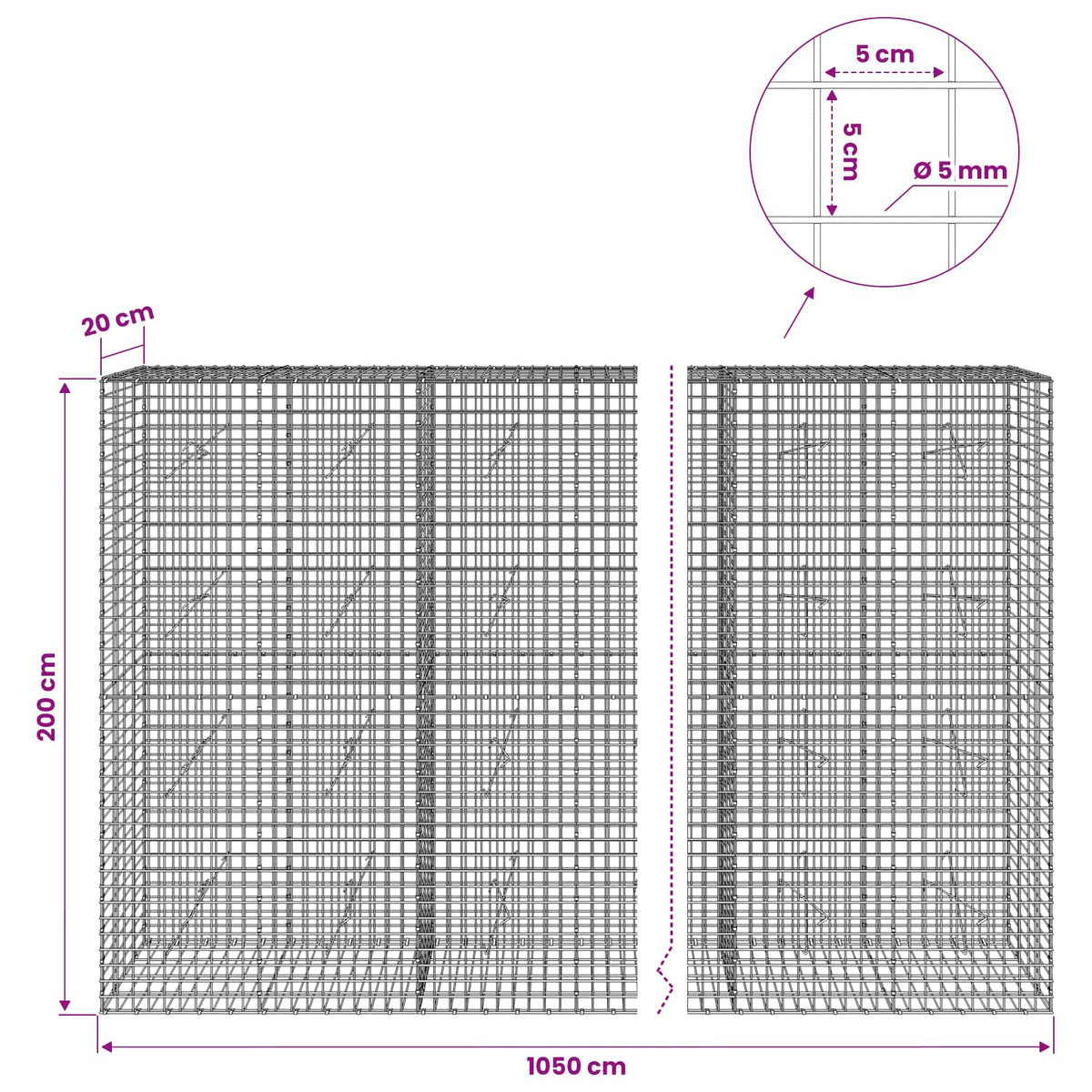 Gabion with 5 mm Wire and 5x5 cm Mesh 1050x20x200 cm 1050 cm