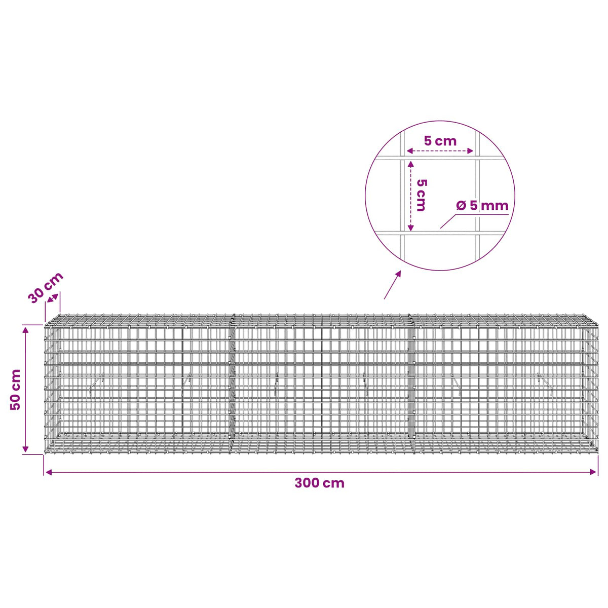 vidaXL Gabion with 5 mm Wire and 5x5 cm Mesh 300x30x50 cm 6