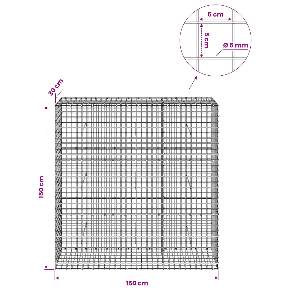 vidaXL Gabion with 5 mm Wire and 5x5 cm Mesh 150x30x150 cm 6