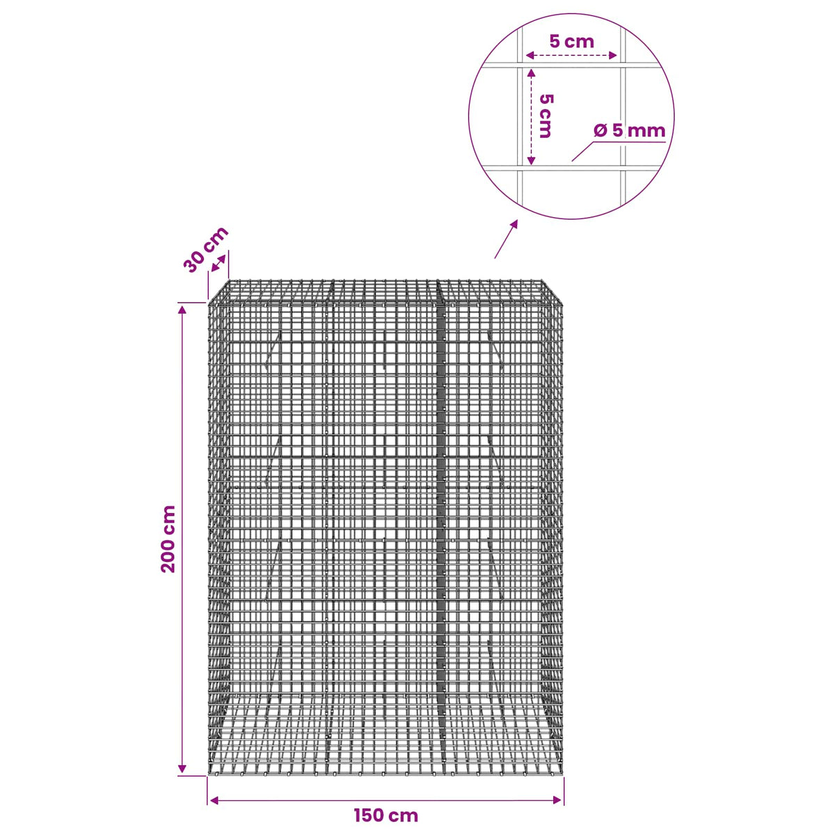 vidaXL Gabion with 5 mm Wire and 5x5 cm Mesh 150x30x200 cm 6