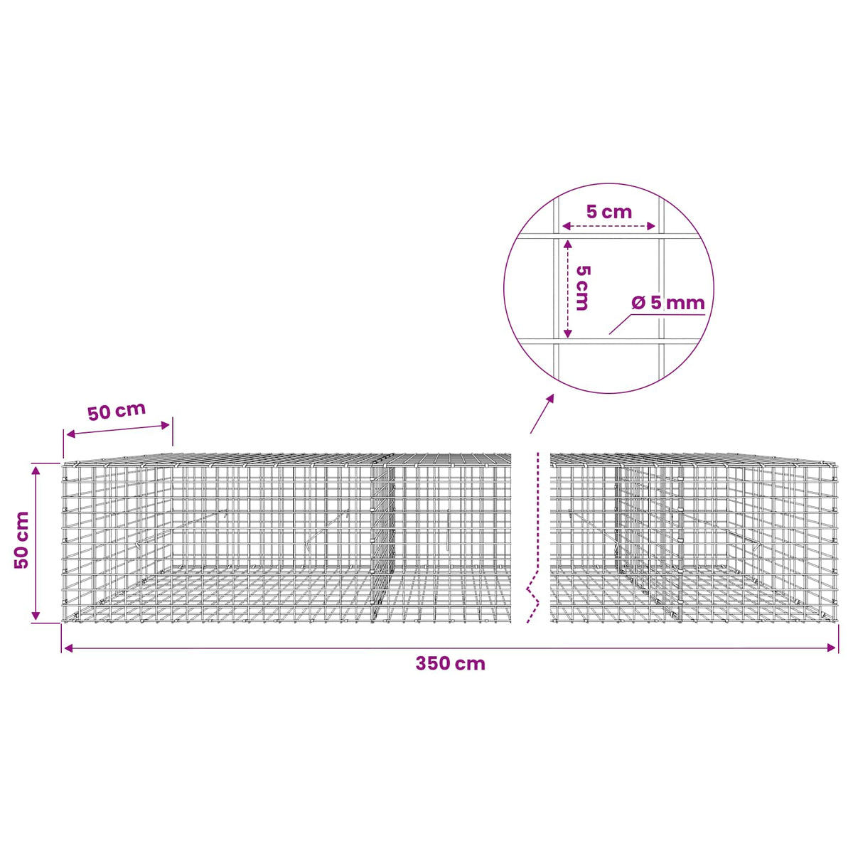 vidaXL Gabion with 5 mm Wire and 5x5 cm Mesh 350x50x50 cm 6