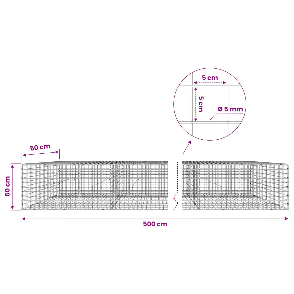 vidaXL Gabion with 5 mm Wire and 5x5 cm Mesh 500x50x50 cm 6