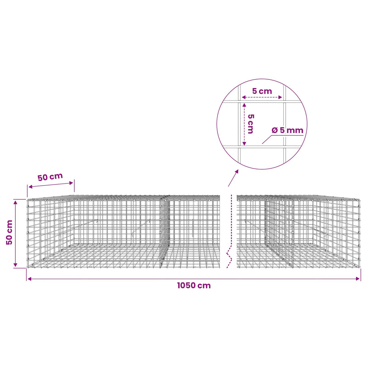 Gabion with 5 mm Wire and 5x5 cm Mesh 1050x50x50 cm 1050 cm