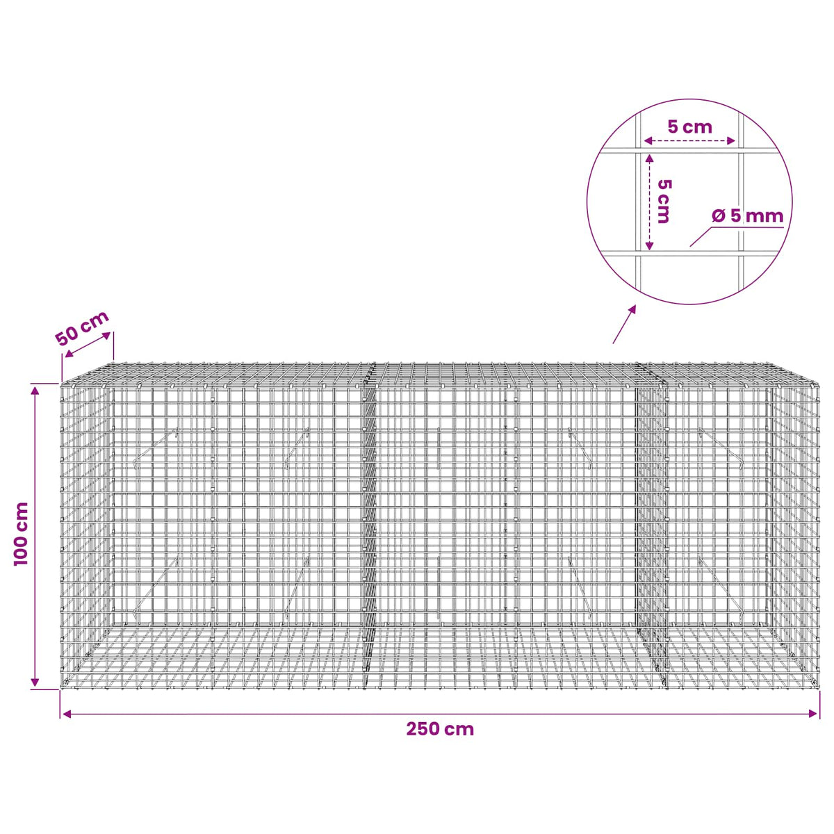 vidaXL Gabion with 5 mm Wire and 5x5 cm Mesh 250x50x100 cm 6