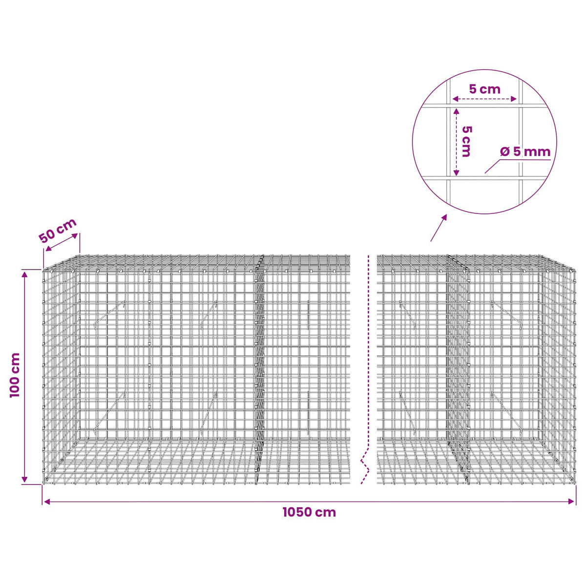 Gabion with 5 mm Wire and 5x5 cm Mesh 1050x50x100 cm 1050 cm