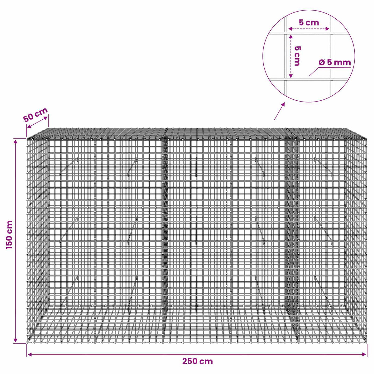 vidaXL Gabion with 5 mm Wire and 5x5 cm Mesh 250x50x150 cm 6