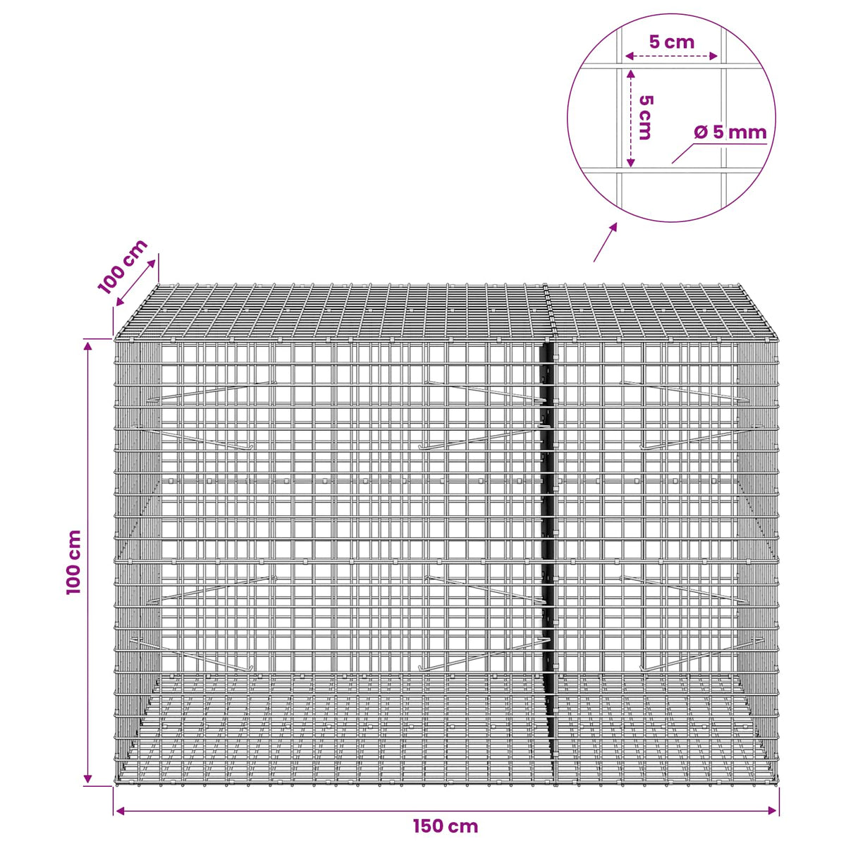 vidaXL Gabion with 5 mm Wire and 5x5 cm Mesh 150x100x100 cm 6