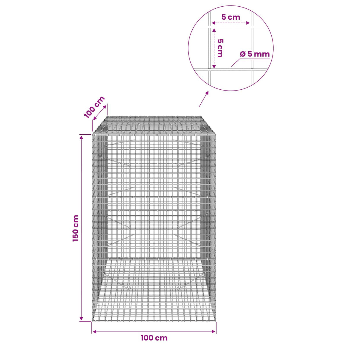 vidaXL Gabion with 5 mm Wire and 5x5 cm Mesh 100x100x150 cm 6