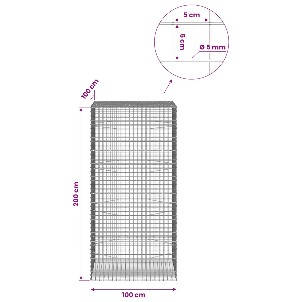 vidaXL Gabion with 5 mm Wire and 5x5 cm Mesh 100x100x200 cm 6
