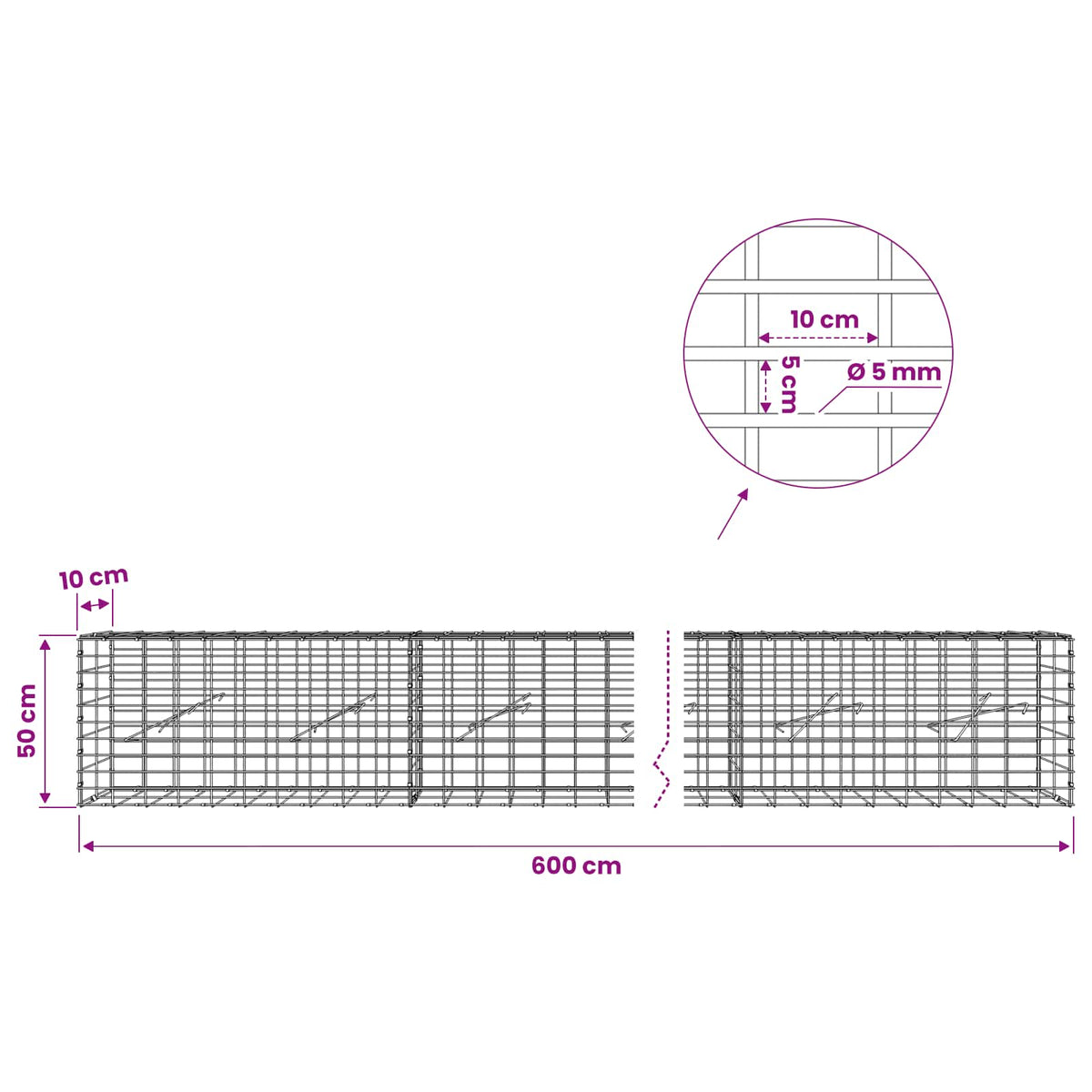 vidaXL Gabion with 5 mm Wire and 5x10 cm Mesh 600x10x50 cm 6