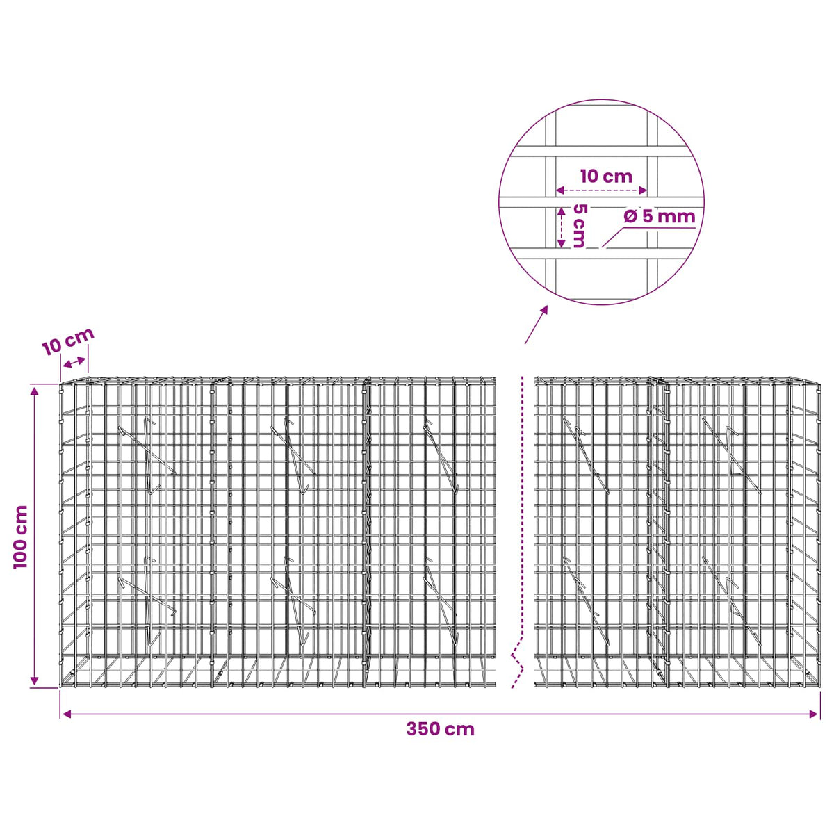 vidaXL Gabion with 5 mm Wire and 5x10 cm Mesh 350x10x100 cm 6