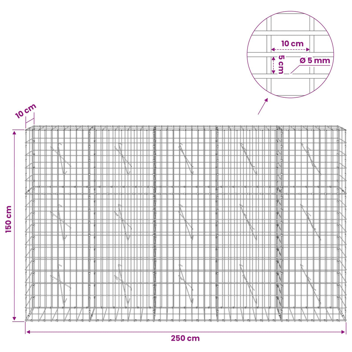 vidaXL Gabion with 5 mm Wire and 5x10 cm Mesh 250x10x150 cm 6