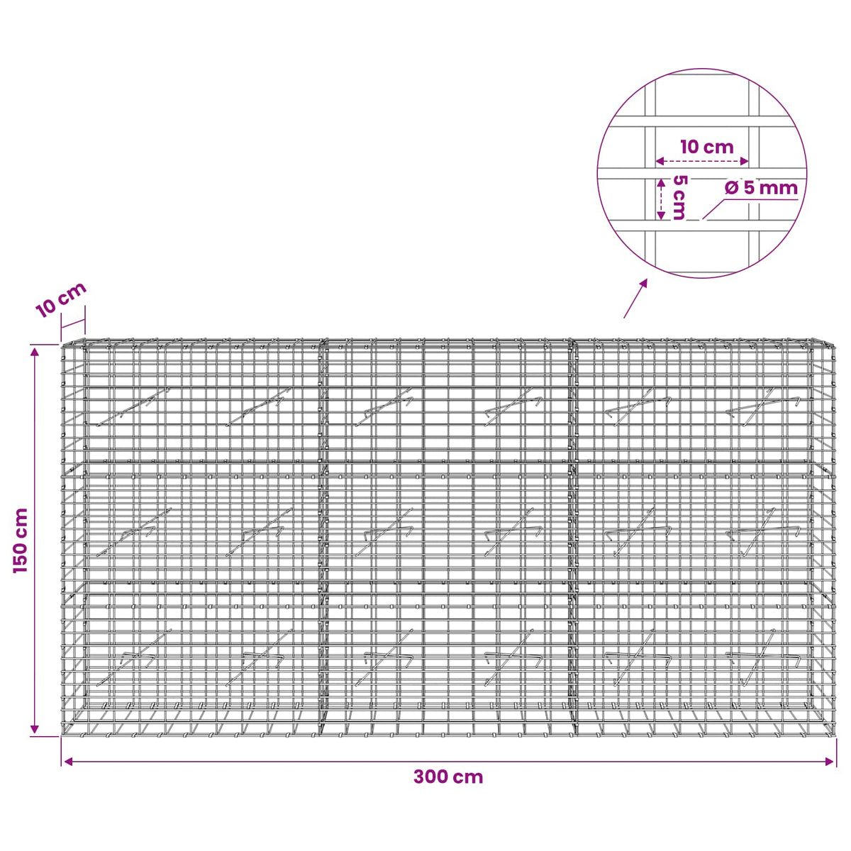 vidaXL Gabion with 5 mm Wire and 5x10 cm Mesh 300x10x150 cm 6