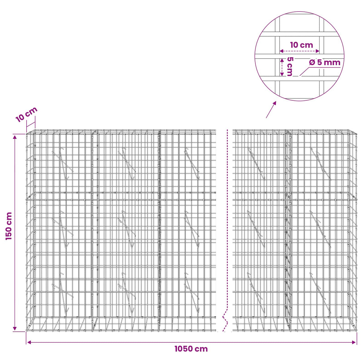 Gabion with 5 mm Wire and 5x10 cm Mesh 1050x10x150 cm 1050 cm