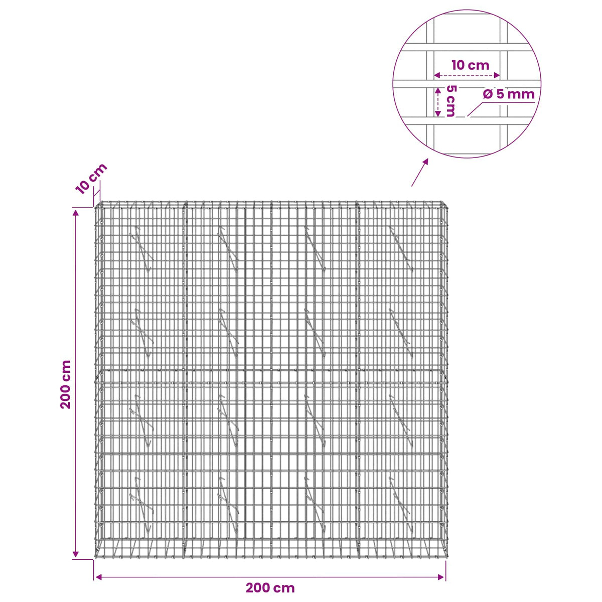 vidaXL Gabion with 5 mm Wire and 5x10 cm Mesh 200x10x200 cm 6