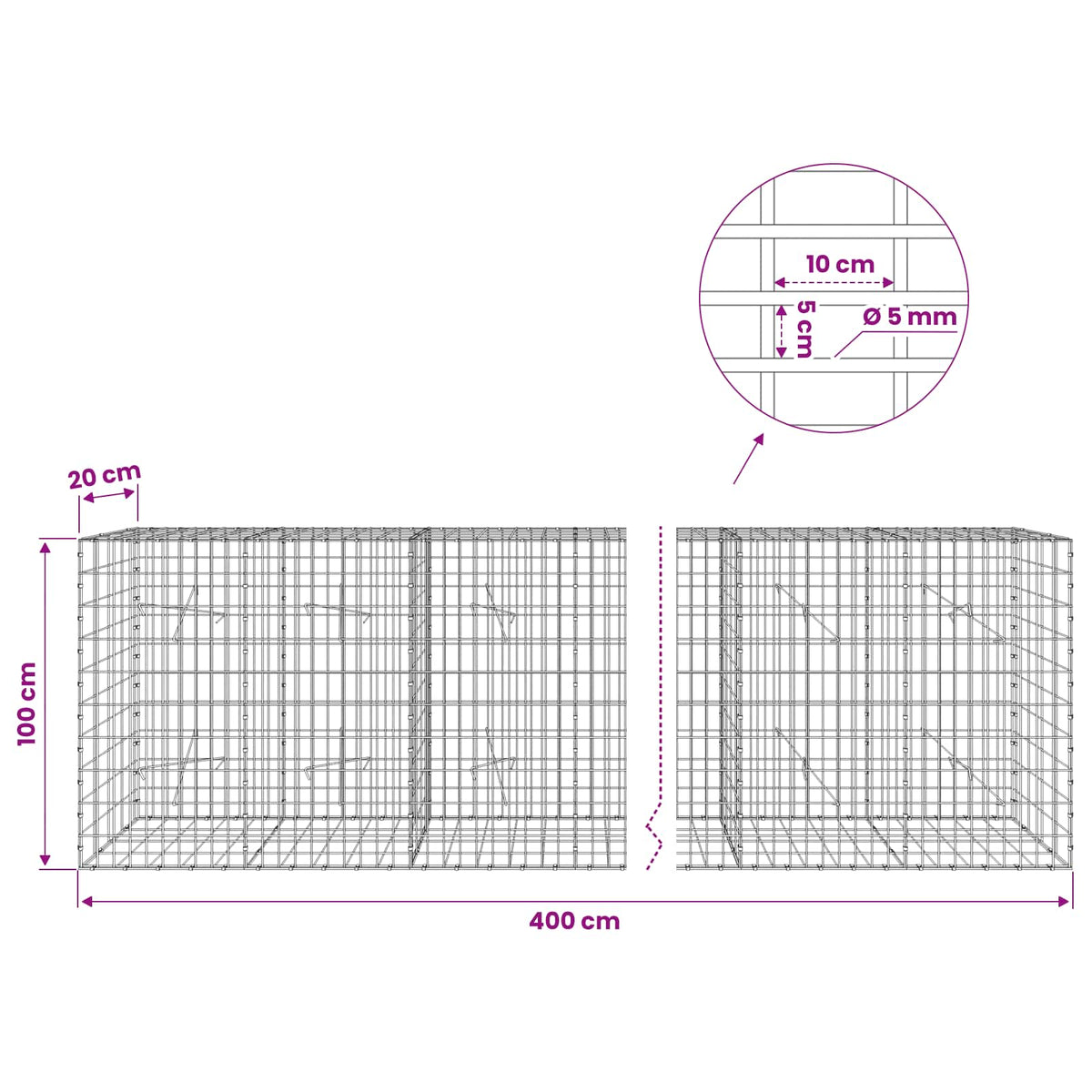 vidaXL Gabion with 5 mm Wire and 5x10 cm Mesh 400x20x100 cm 6
