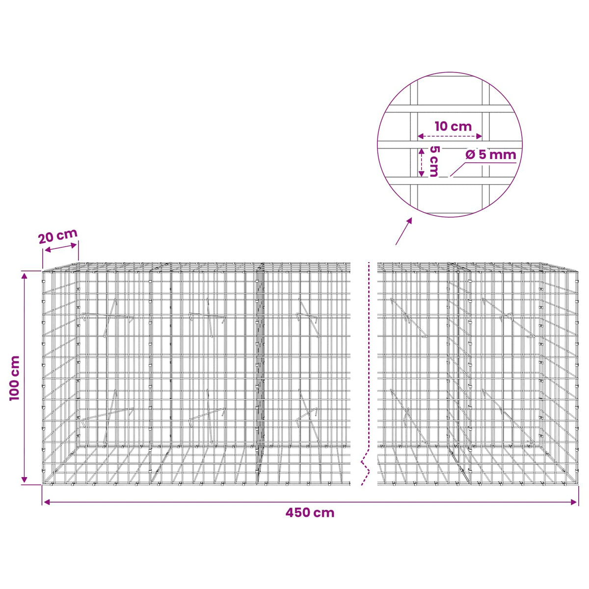 vidaXL Gabion with 5 mm Wire and 5x10 cm Mesh 450x20x100 cm 6