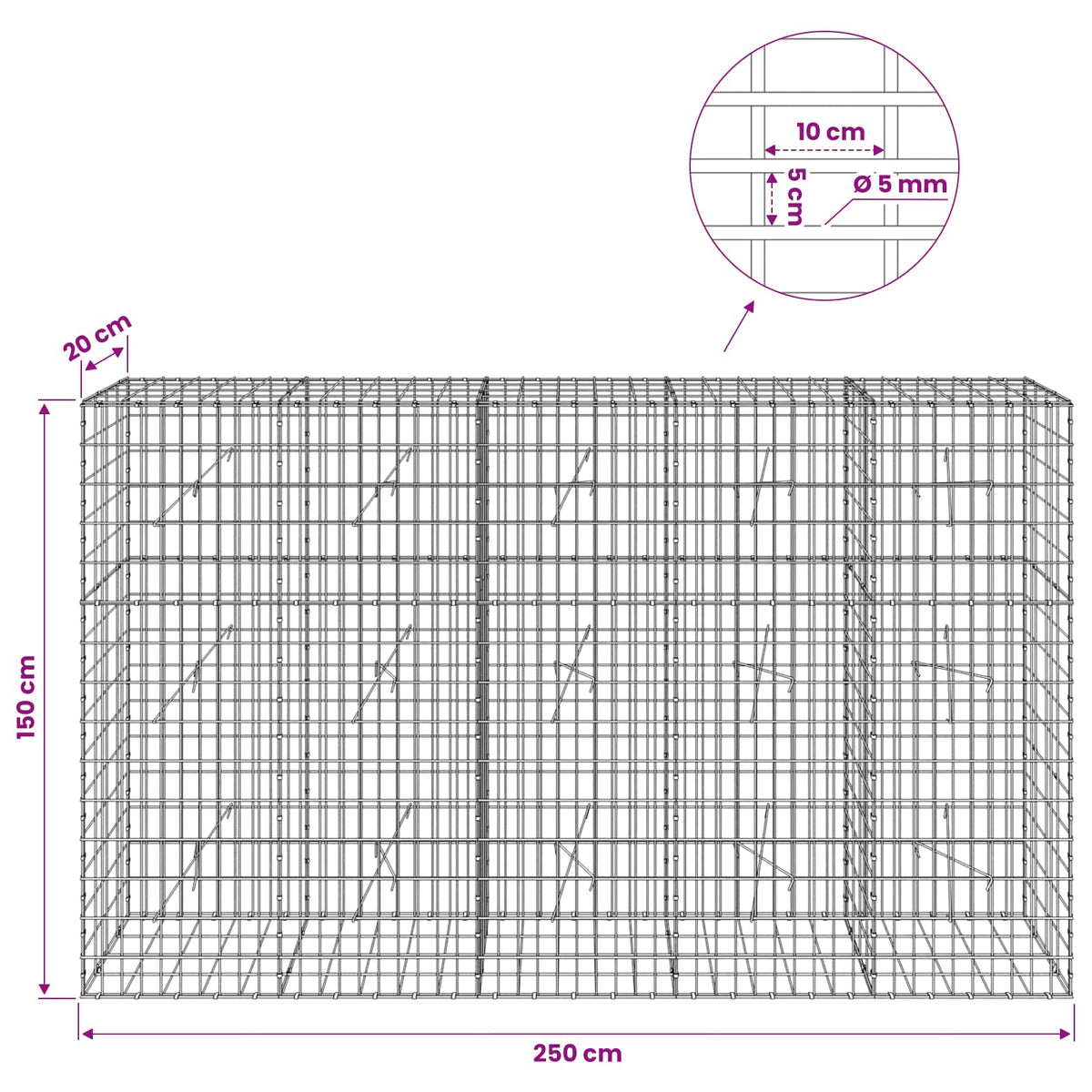 vidaXL Gabion with 5 mm Wire and 5x10 cm Mesh 250x20x150 cm 6