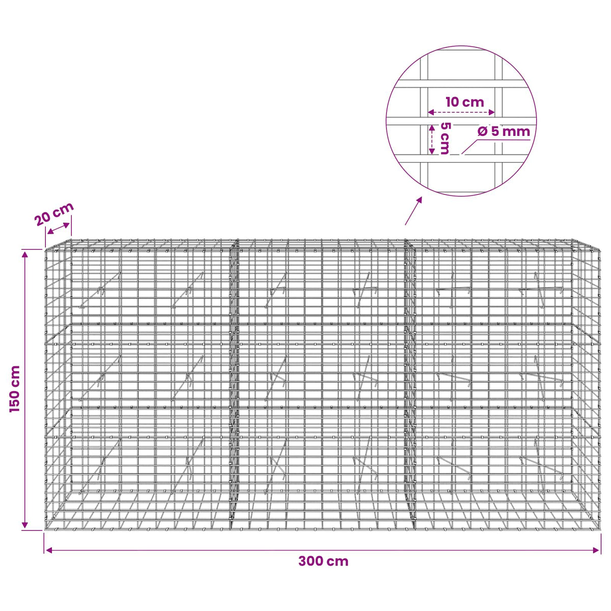 vidaXL Gabion with 5 mm Wire and 5x10 cm Mesh 300x20x150 cm 6
