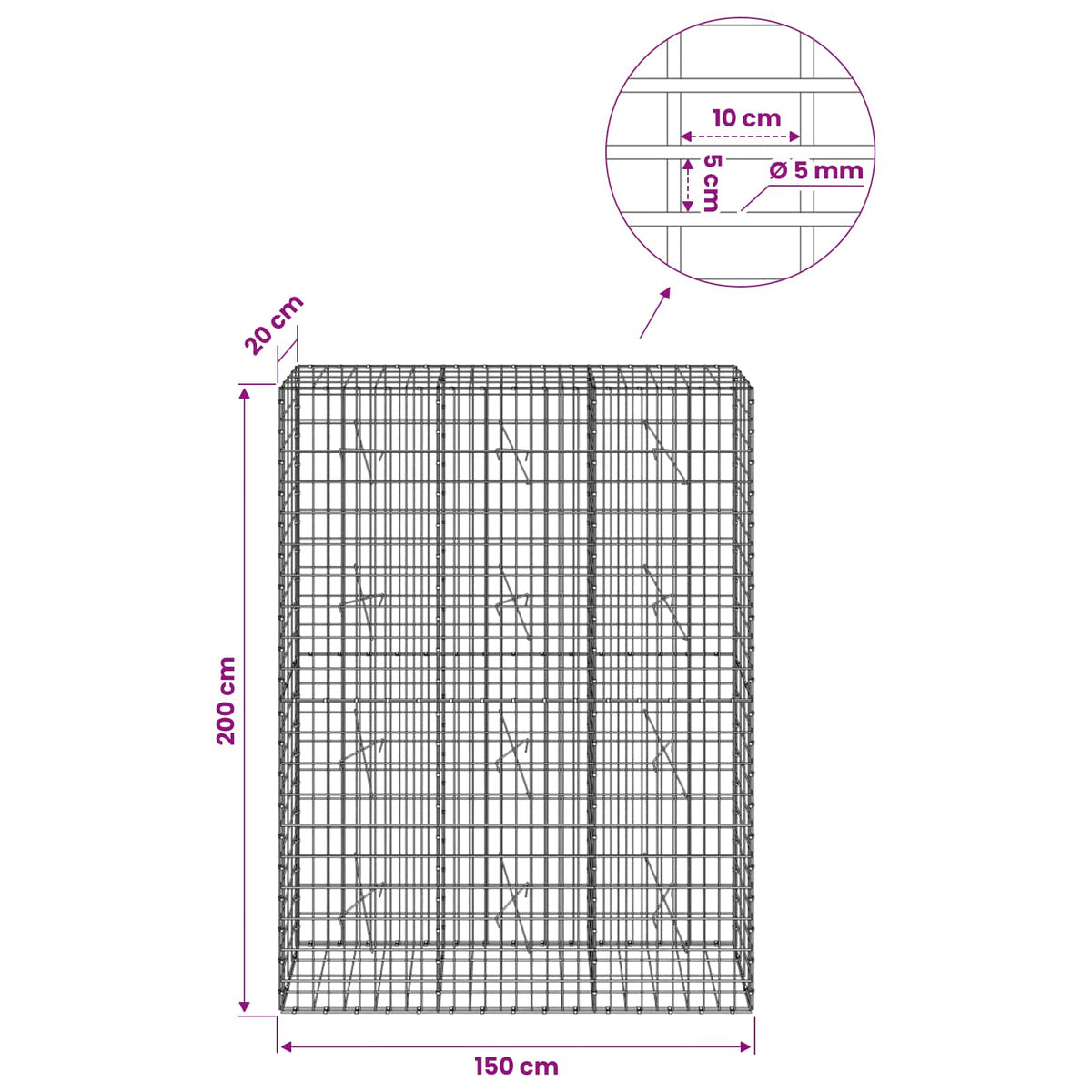 vidaXL Gabion with 5 mm Wire and 5x10 cm Mesh 150x20x200 cm 6