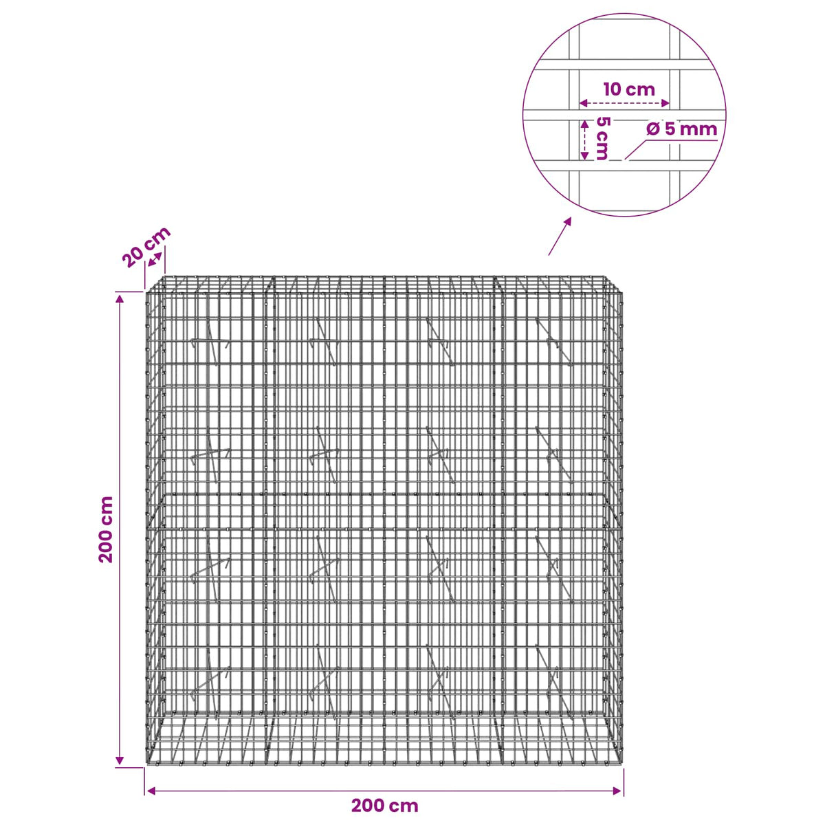 vidaXL Gabion with 5 mm Wire and 5x10 cm Mesh 200x20x200 cm 6