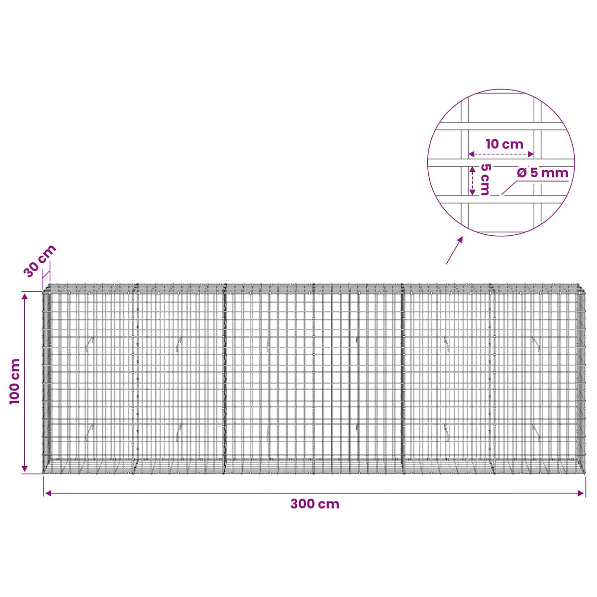 vidaXL Gabion with 5 mm Wire and 5x10 cm Mesh 300x30x100 cm 6