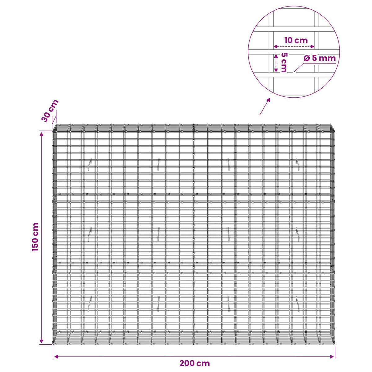 vidaXL Gabion with 5 mm Wire and 5x10 cm Mesh 200x30x150 cm 6