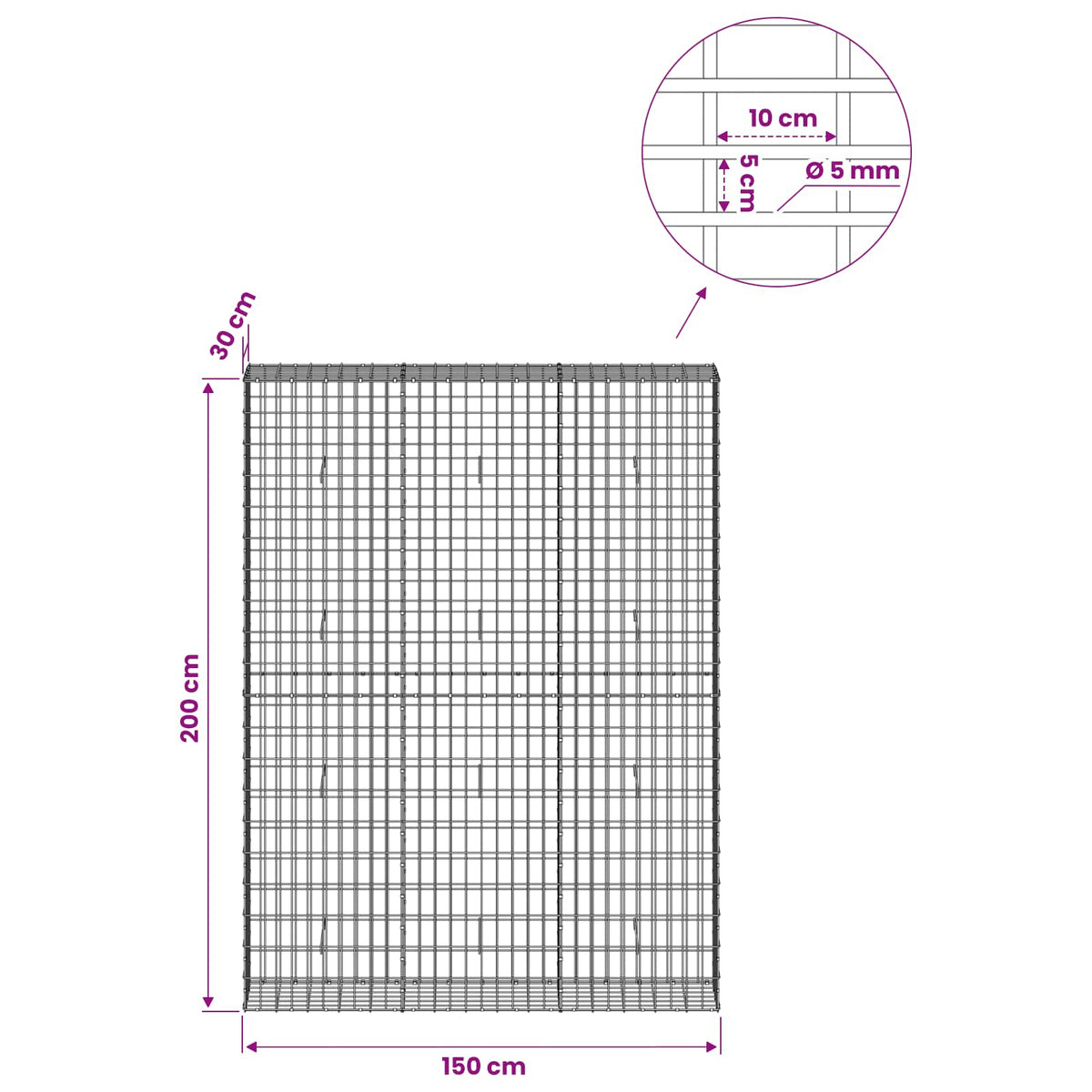 vidaXL Gabion with 5 mm Wire and 5x10 cm Mesh 150x30x200 cm 6