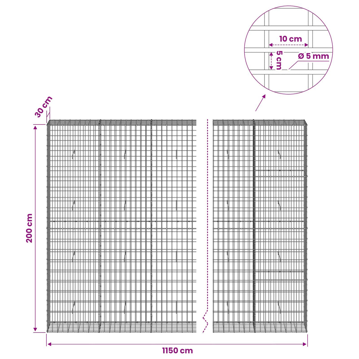 Gabion with 5 mm Wire and 5x10 cm Mesh 1150x30x200 cm 1150 cm