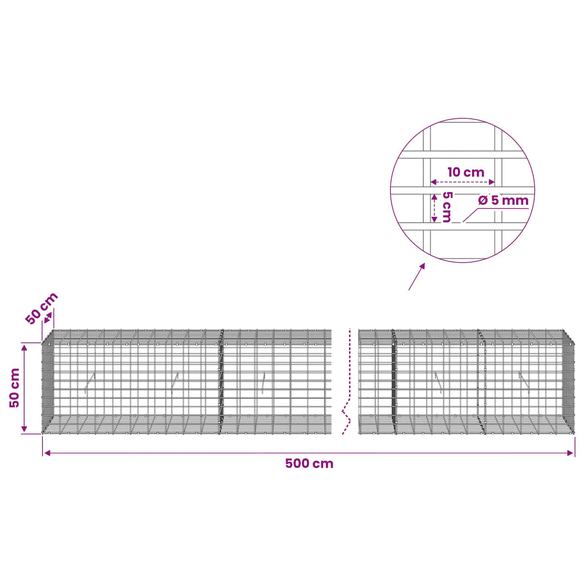 vidaXL Gabion with 5 mm Wire and 5x10 cm Mesh 500x50x50 cm 6