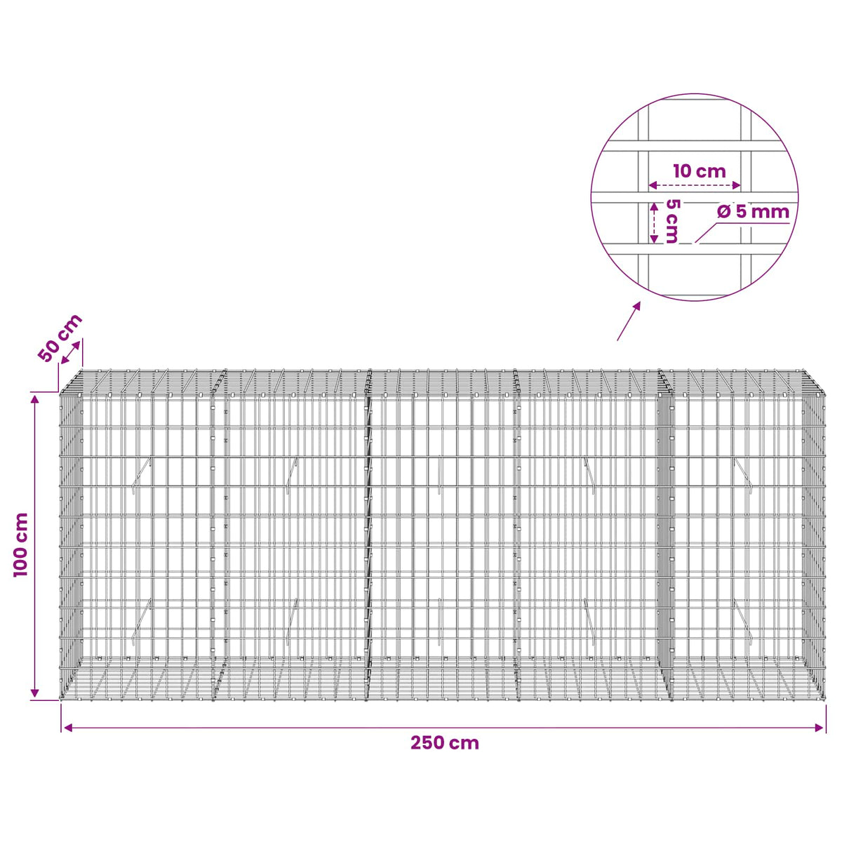 vidaXL Gabion with 5 mm Wire and 5x10 cm Mesh 250x50x100 cm 6