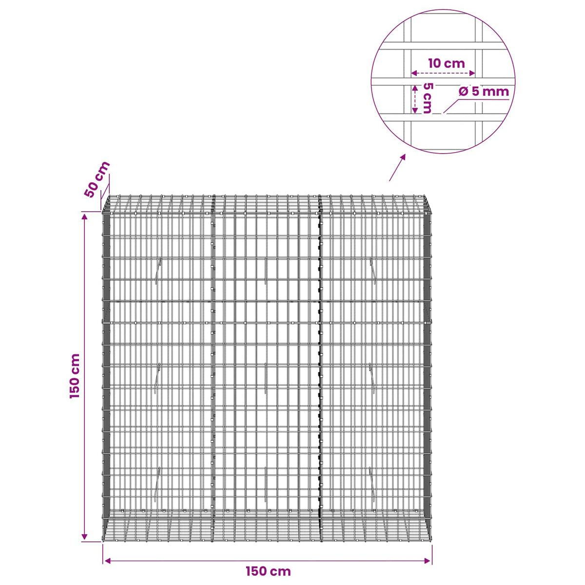 vidaXL Gabion with 5 mm Wire and 5x10 cm Mesh 150x50x150 cm 6