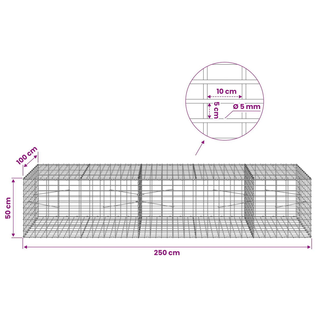 vidaXL Gabion with 5 mm Wire and 5x10 cm Mesh 250x100x50 cm 6