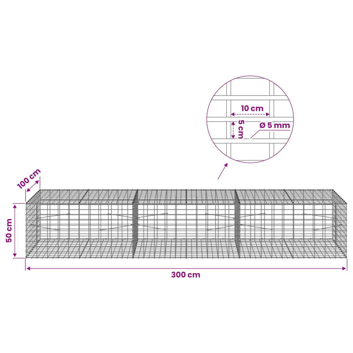 vidaXL Gabion with 5 mm Wire and 5x10 cm Mesh 300x100x50 cm 6