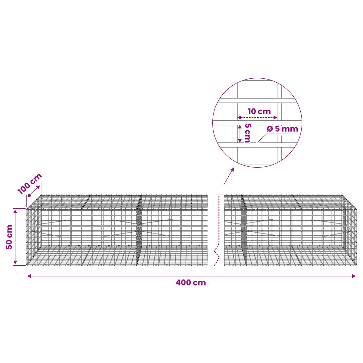 vidaXL Gabion with 5 mm Wire and 5x10 cm Mesh 400x100x50 cm 6