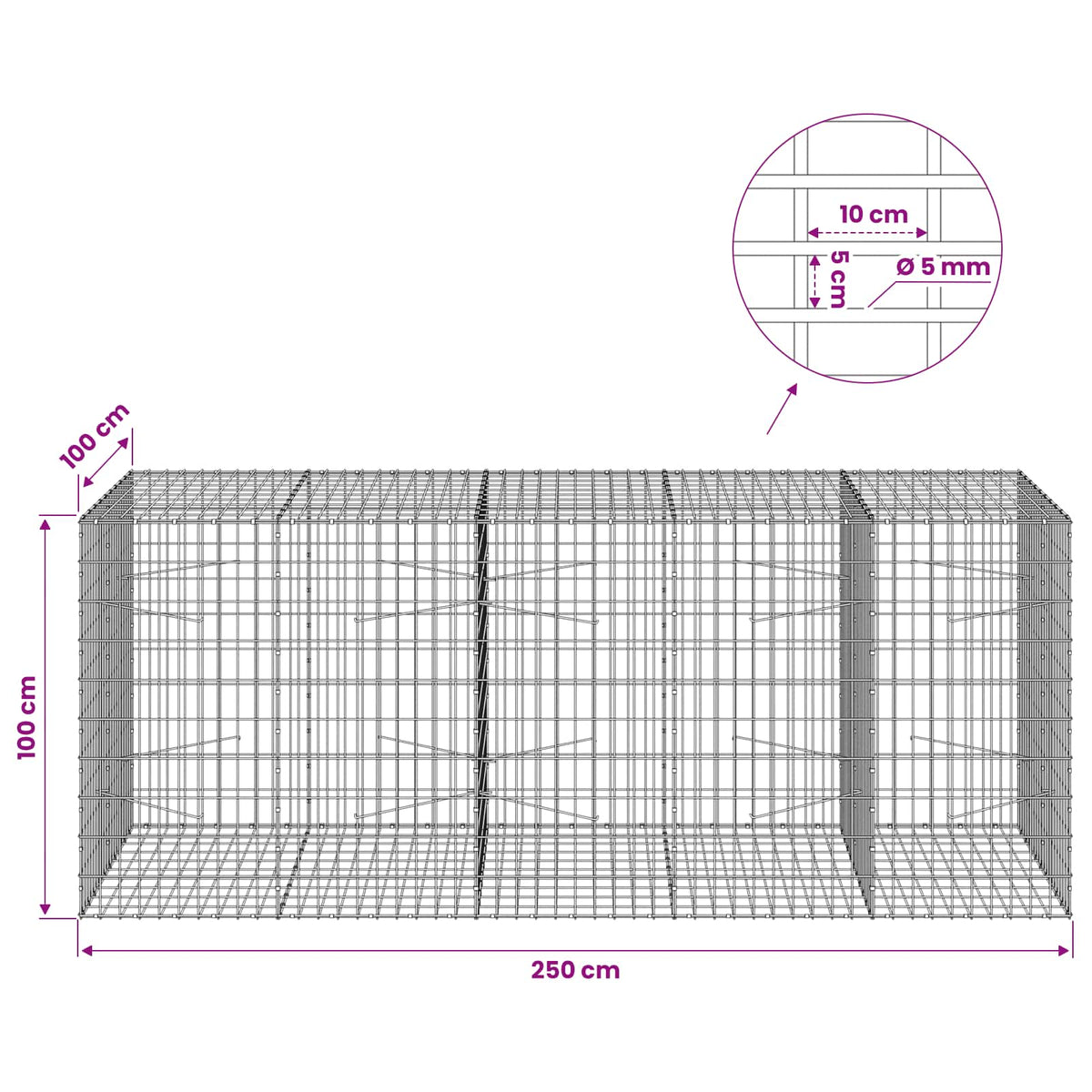 vidaXL Gabion with 5 mm Wire and 5x10 cm Mesh 250x100x100 cm 6
