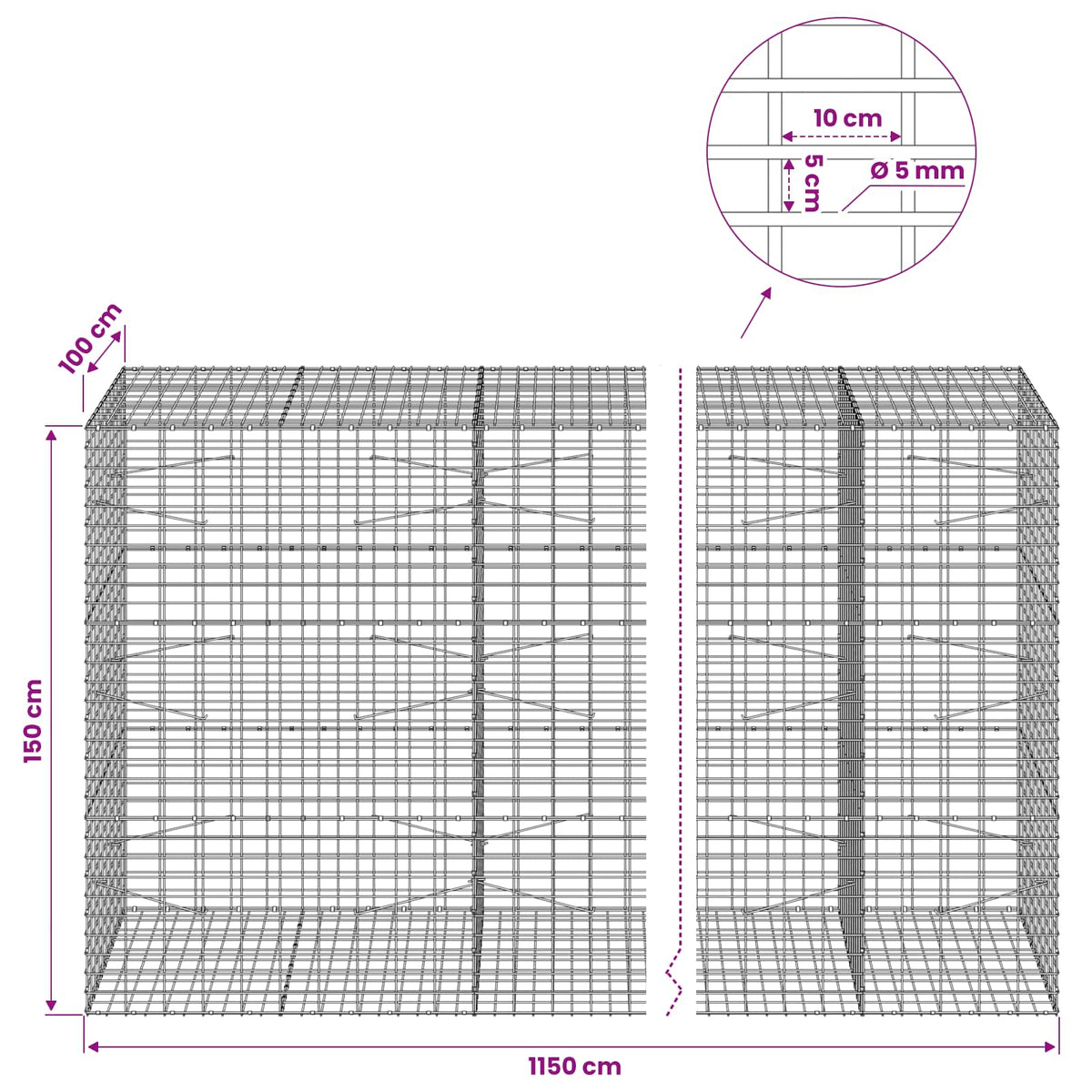 Gabion with 5 mm Wire and 5x10 cm Mesh 1050x100x150 cm 1150 cm