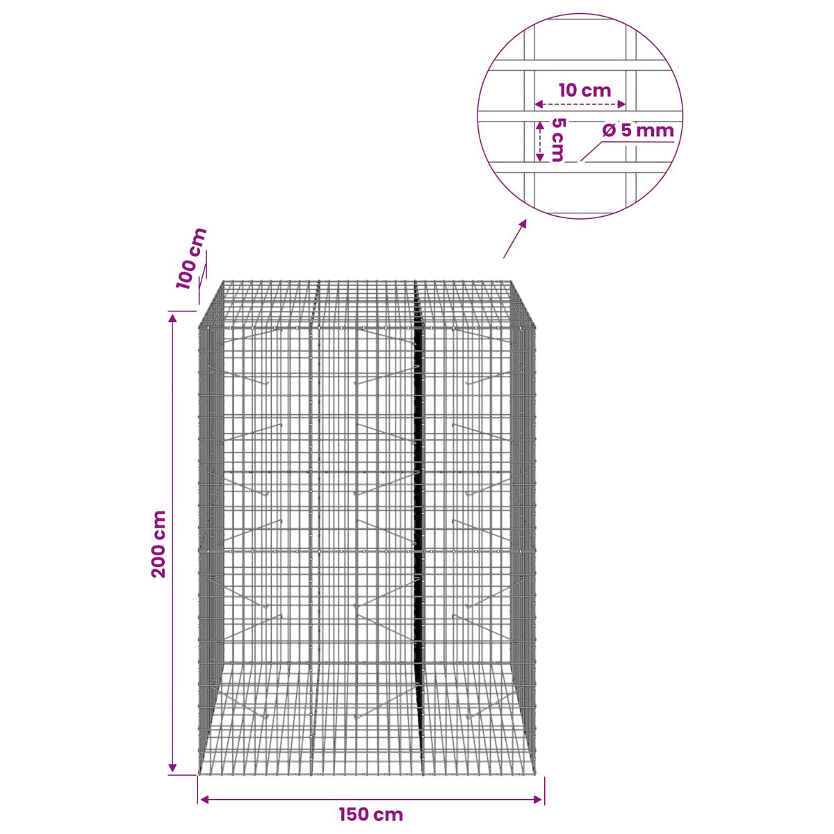 vidaXL Gabion with 5 mm Wire and 5x10 cm Mesh 150x100x200 cm 6