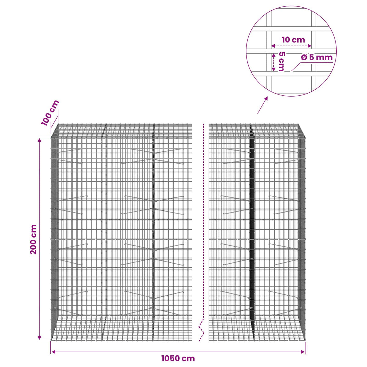 Gabion with 5 mm Wire and 5x10 cm Mesh 1050x100x200 cm 1050 cm