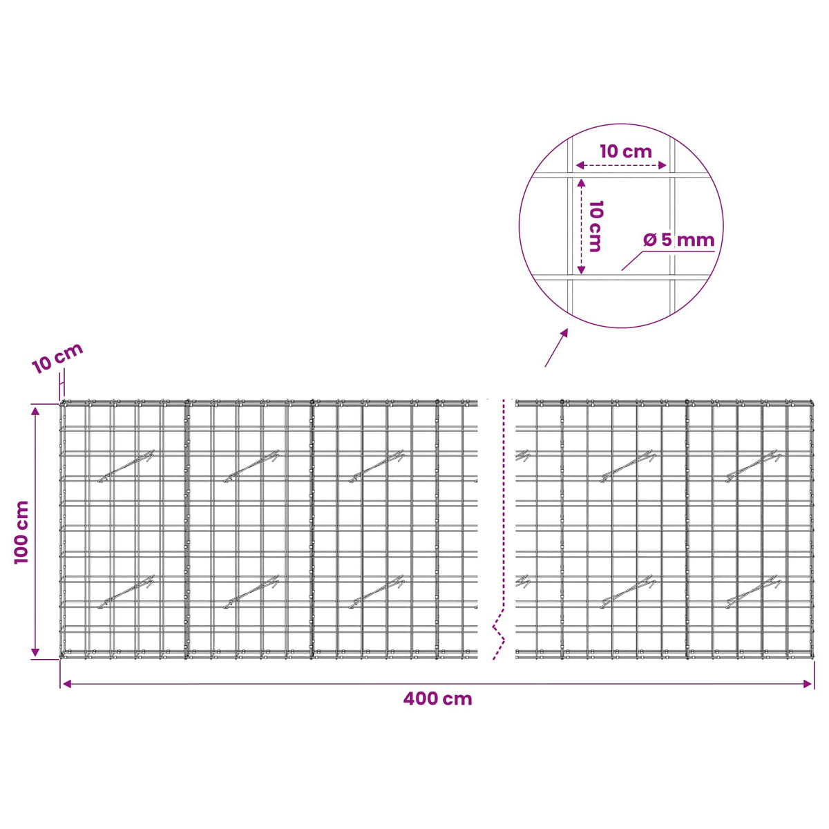 vidaXL Gabion with 5 mm Wire and 10x10 cm Mesh 400x10x100 cm 6