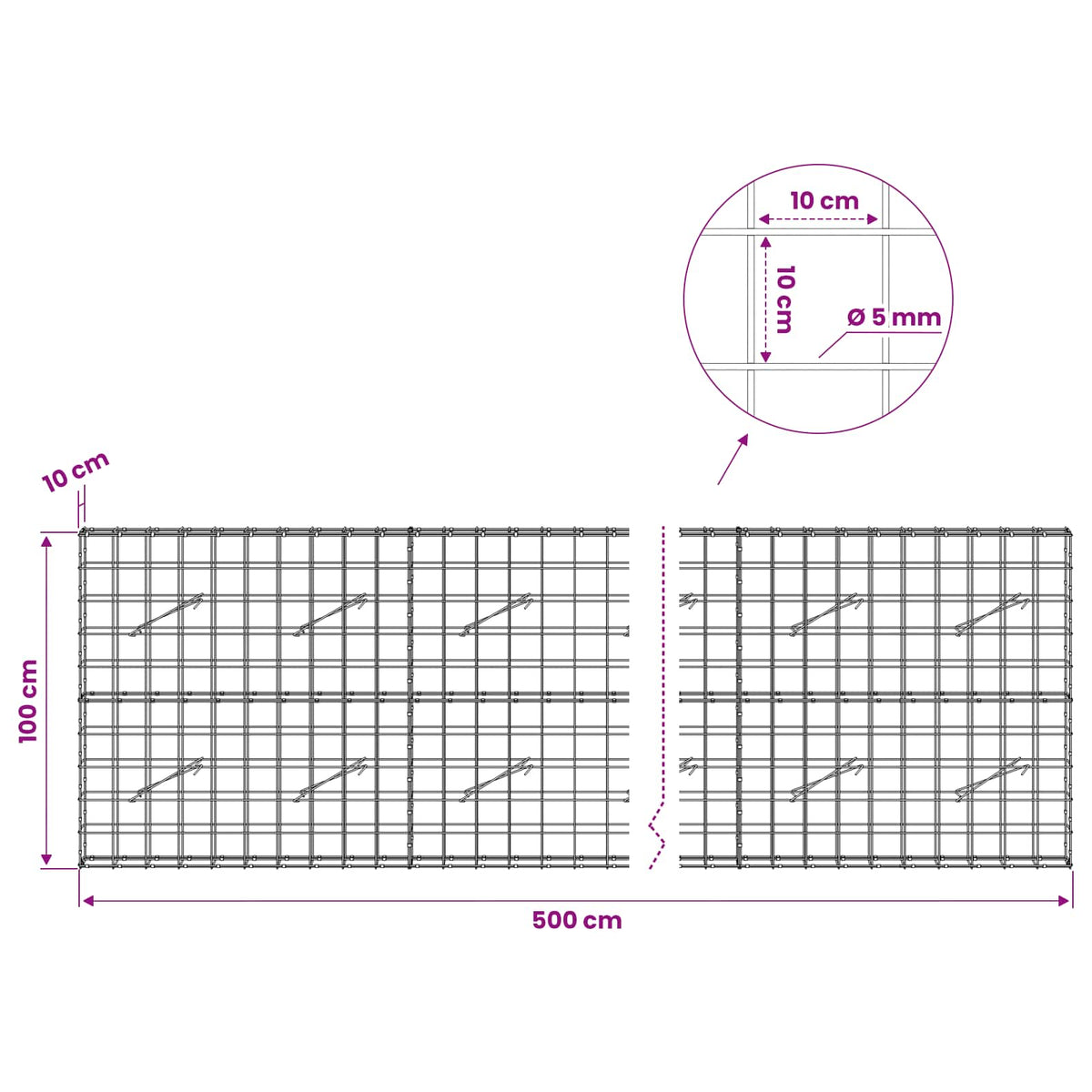 vidaXL Gabion with 5 mm Wire and 10x10 cm Mesh 500x10x100 cm 6