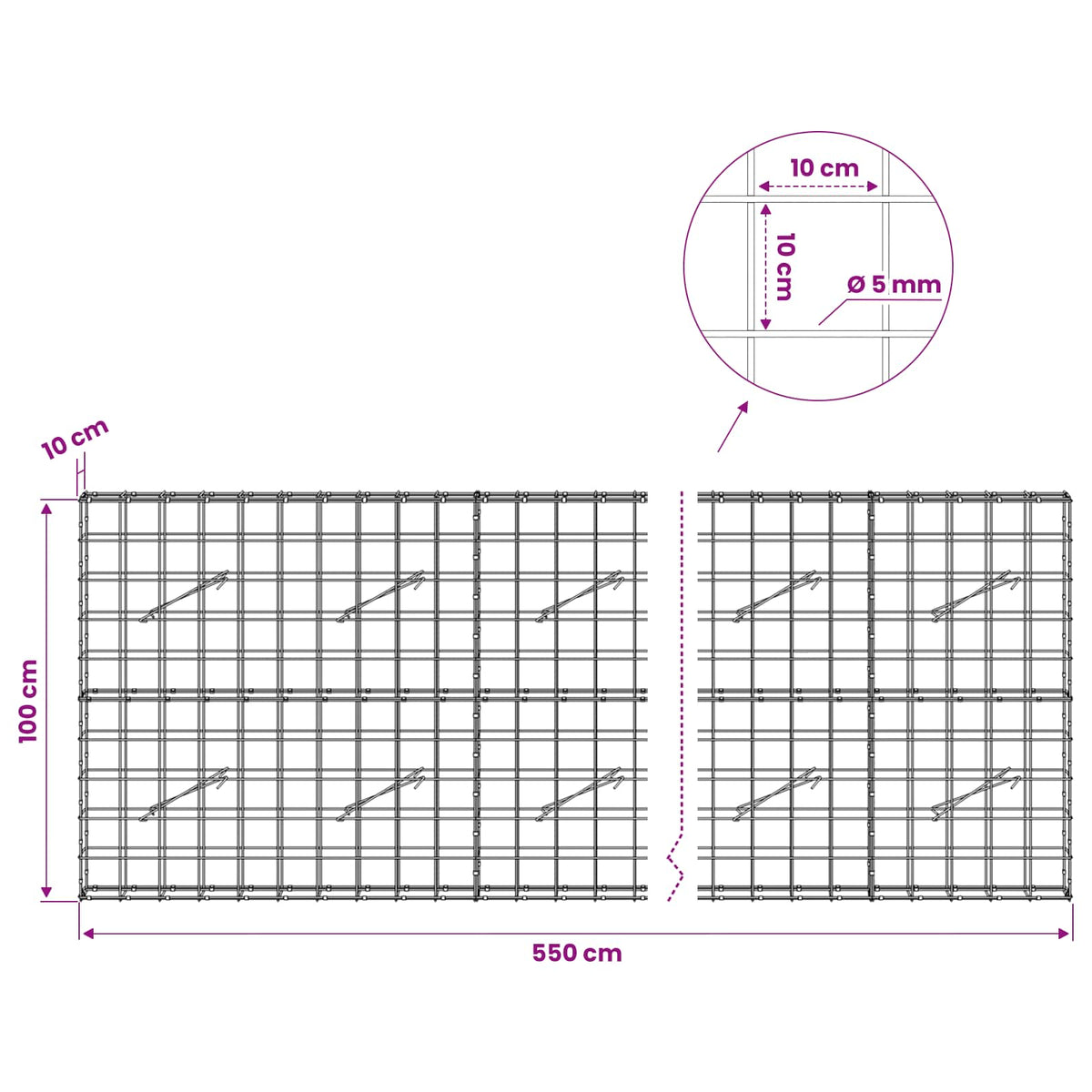 vidaXL Gabion with 5 mm Wire and 10x10 cm Mesh 550x10x100 cm 6