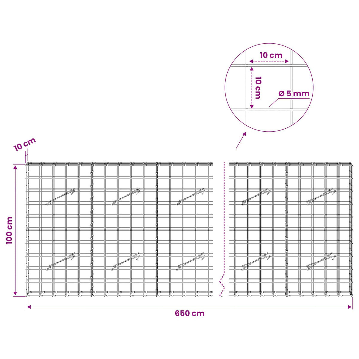 vidaXL Gabion with 5 mm Wire and 10x10 cm Mesh 650x10x100 cm 6