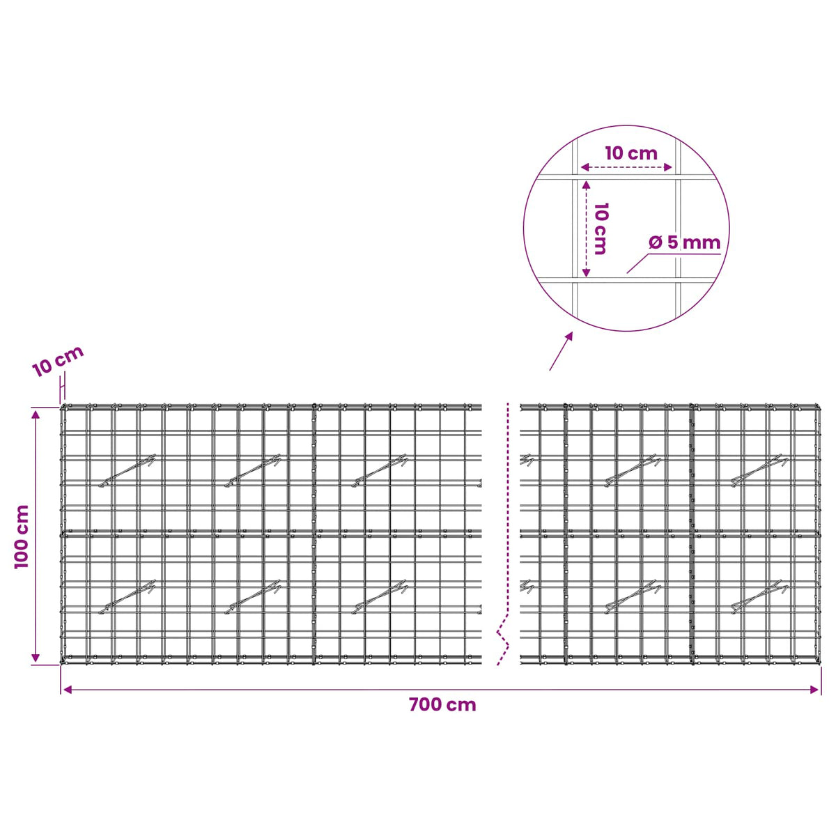 vidaXL Gabion with 5 mm Wire and 10x10 cm Mesh 700x10x100 cm 6