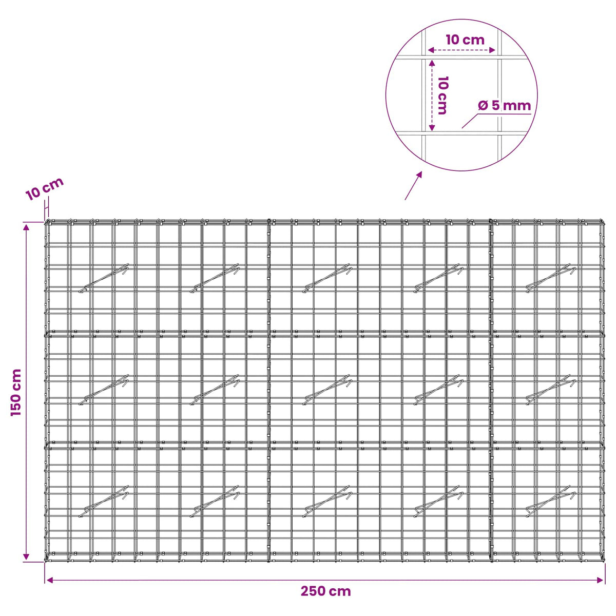 vidaXL Gabion with 5 mm Wire and 10x10 cm Mesh 250x10x150 cm 6