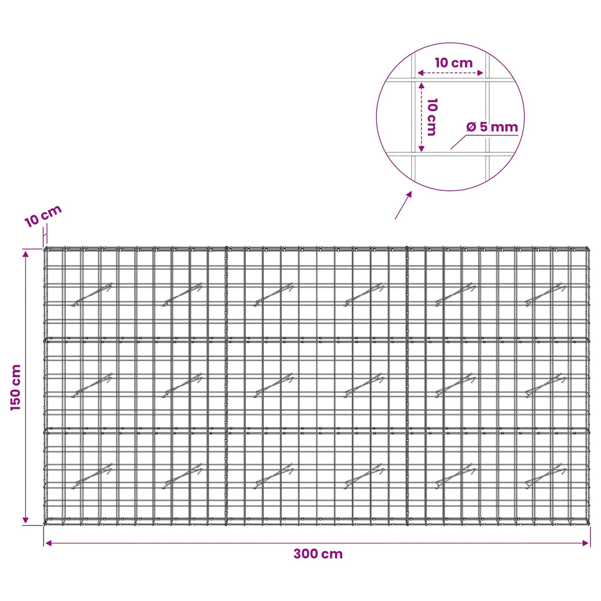 vidaXL Gabion with 5 mm Wire and 10x10 cm Mesh 300x10x150 cm 6