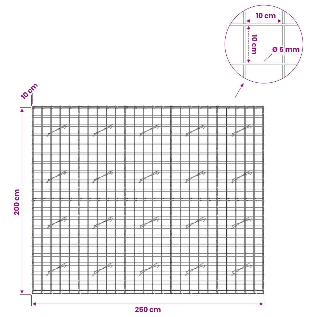 vidaXL Gabion with 5 mm Wire and 10x10 cm Mesh 250x10x200 cm 6