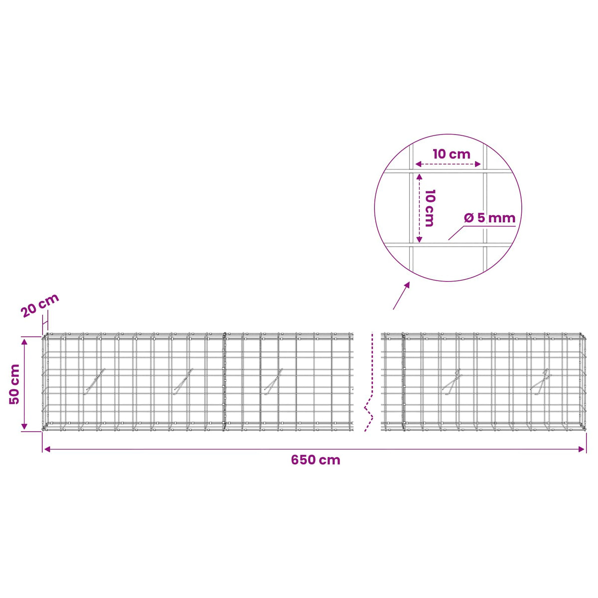 vidaXL Gabion with 5 mm Wire and 10x10 cm Mesh 650x20x50 cm 6