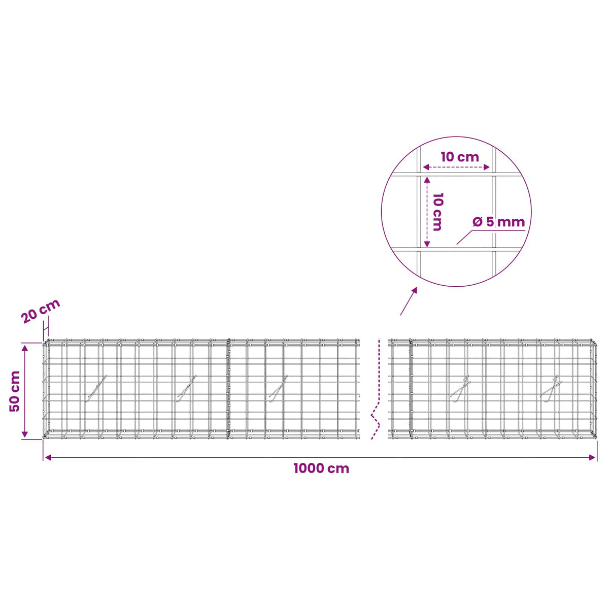 vidaXL Gabion with 5 mm Wire and 10x10 cm Mesh 1000x20x50 cm 6